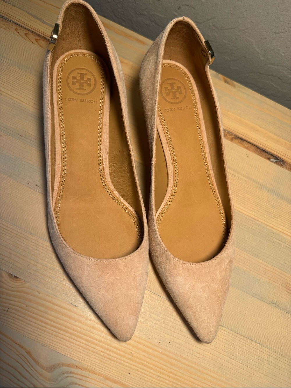 Tory Burch Pointed Suede Flats in Light Blush Pink with Gold Accent